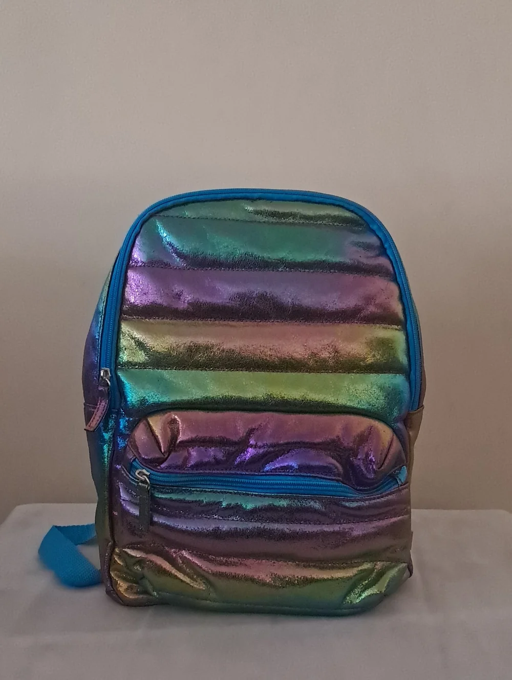 Iridescent Rainbow Puffer Backpack - Blue Trim